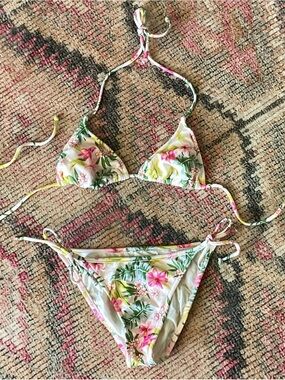 Floral Tie-Side Triangle Bikini - White with Pink & Green